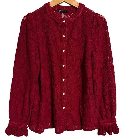 PrettyGarden Tops - Elegant Red Lace Blouse